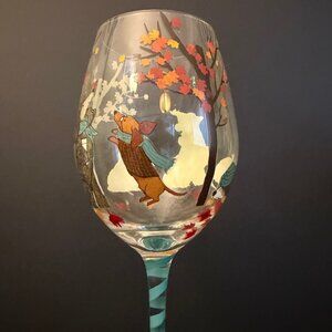 Set Of 2 Pier One Hand-Painted Autumn-Themed Wine Glasses Fall Leaves & Dogs